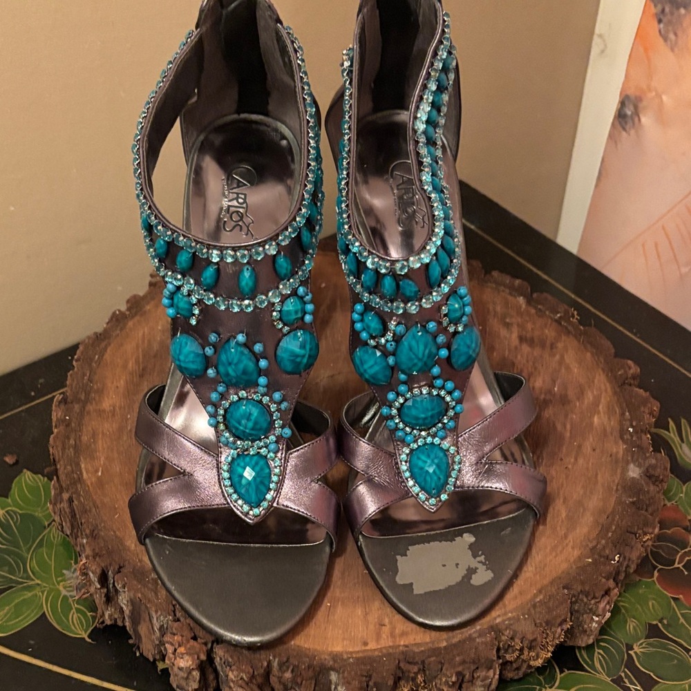 9.5 M Carlos Falchi Teal and Silver Embellished Heels